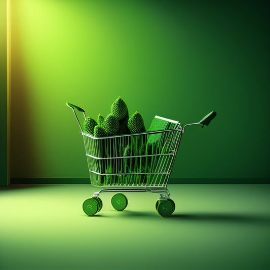 A stylized illustration of a checkout process, featuring a minimalist shopping cart overflowing with products, with a subtle green glow and a subtle arrow pointing towards a finished purchase symbol.