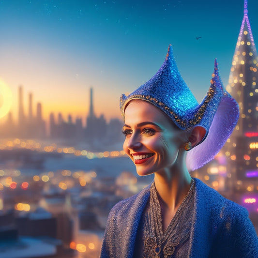 A whimsical illustration of a smiling elf standing in front of a glowing, futuristic cityscape at dusk, surrounded by coding symbols and orbiting gears, with a subtle sparkle effect.