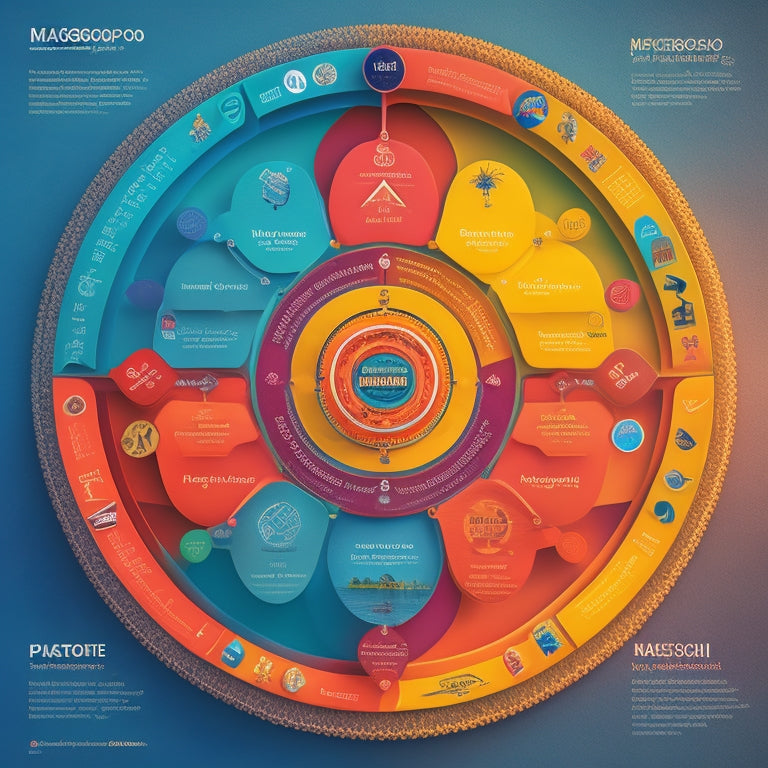 An intricate, interconnected mind map with vibrant colors, featuring a central Magento logo surrounded by radiating circles, each containing various icons representing modules, extensions, and integrations.