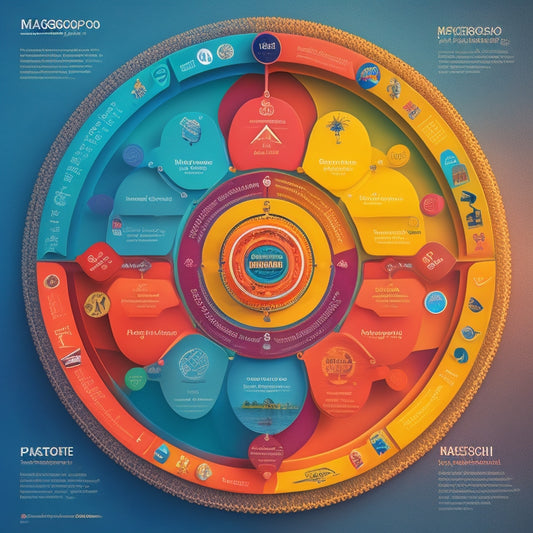 An intricate, interconnected mind map with vibrant colors, featuring a central Magento logo surrounded by radiating circles, each containing various icons representing modules, extensions, and integrations.