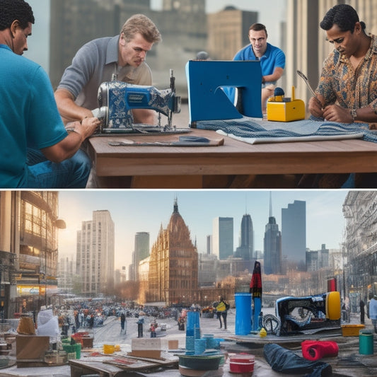 A split-screen image featuring a person surrounded by various work tools and materials, such as a laptop, paintbrushes, and a sewing machine, on one side, and a cityscape with diverse people engaged in different activities on the other.