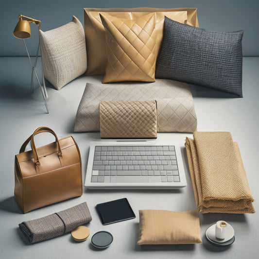A minimalist illustration of a tailor's mannequin surrounded by shopping bags, laptops, and tablets, with threads and fabrics woven throughout, set against a clean, modern background with a subtle grid pattern.
