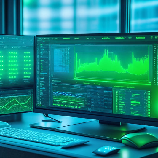 A futuristic, sleek laptop screen displaying a minimalist dashboard with vibrant green bars and charts rising upwards, surrounded by subtle, glowing digital circuits and wires.