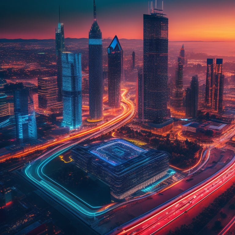 A futuristic cityscape at dusk with sleek skyscrapers and neon lights, featuring a large, glowing circuit board pattern on a prominent building, surrounded by swirling lines and shapes evoking innovation and connectivity.