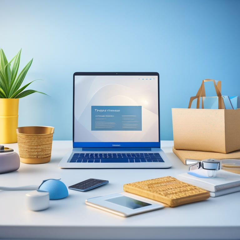 A modern, minimalist illustration of a laptop open to an e-commerce website, surrounded by various digital products (e.g., ebooks, courses, software) with shopping carts and upward trending arrows.