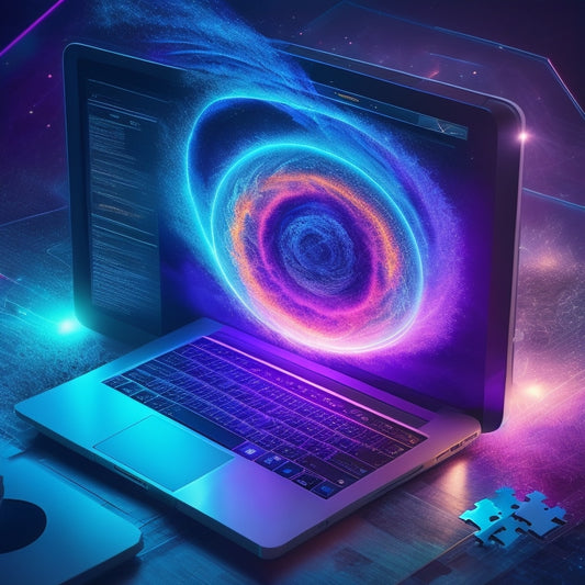 A stylized, futuristic illustration of a laptop or tablet with a glowing, swirling vortex emerging from the screen, surrounded by rising graphs and exploding puzzle pieces.