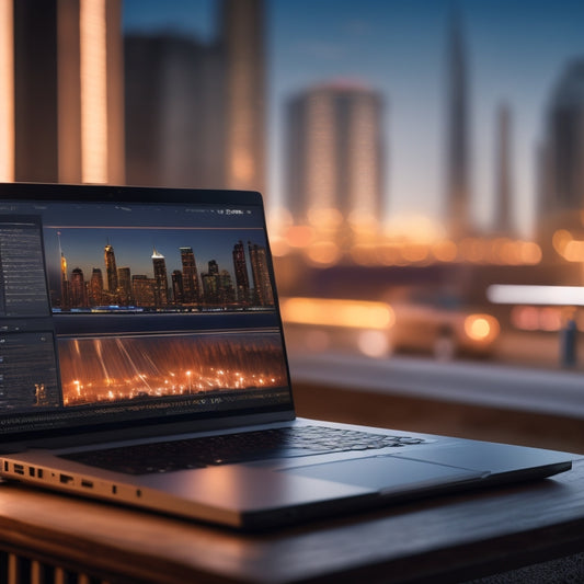 An illustration of a laptop with a storefront on the screen, surrounded by upward-trending graphs, shopping bags, and a cityscape in the background, with a subtle glow effect.