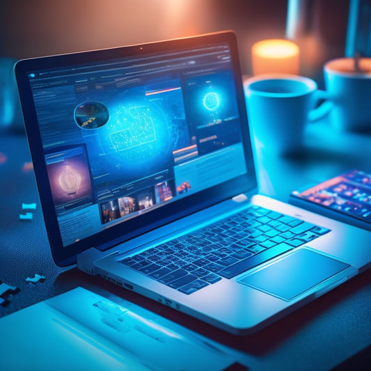 An illustration of a magnifying glass zooming in on a laptop screen displaying a digital download dashboard, surrounded by puzzle pieces and lightbulbs, set against a dark blue background with subtle data visualization patterns.