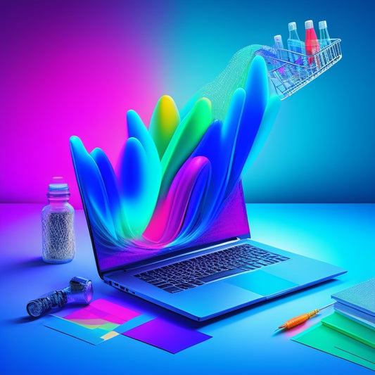A stylized illustration of a laptop with a shopping cart overflowing with colorful ink bottles, surrounded by upward-trending graphs and rising bars, set against a bright, gradient blue background.