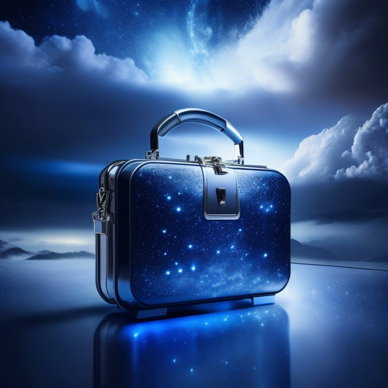 A futuristic, sleek, silver briefcase with a glowing digital lock, surrounded by swirling clouds of ones and zeros, set against a dark blue background with subtle, shimmering stars.