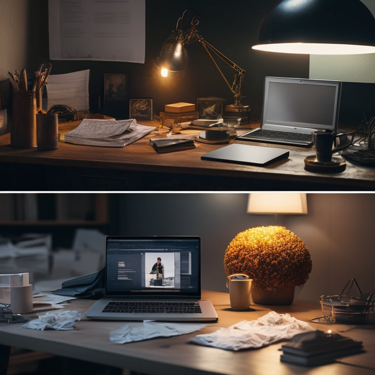 A split-screen image with a laptop on a cluttered desk on one side, surrounded by crumpled papers and discarded electronics, and a serene, minimalist workspace on the other, with a single, glowing digital file icon.