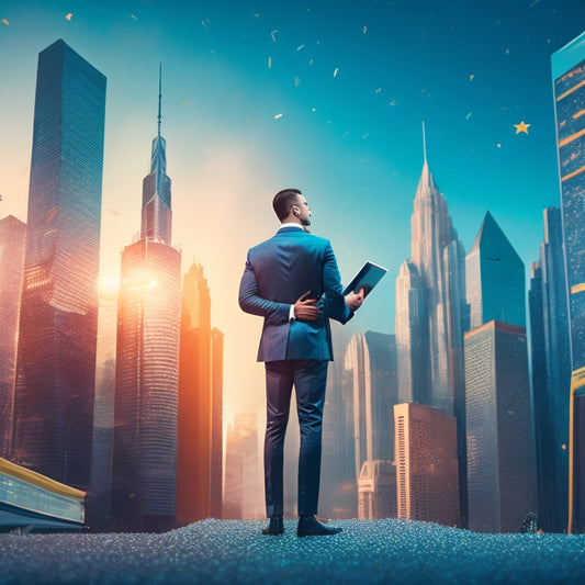 A stylized illustration of a small business owner standing in front of a miniature cityscape, with digital files and folders radiating outward, morphing into skyscrapers and confetti, symbolizing exponential growth.