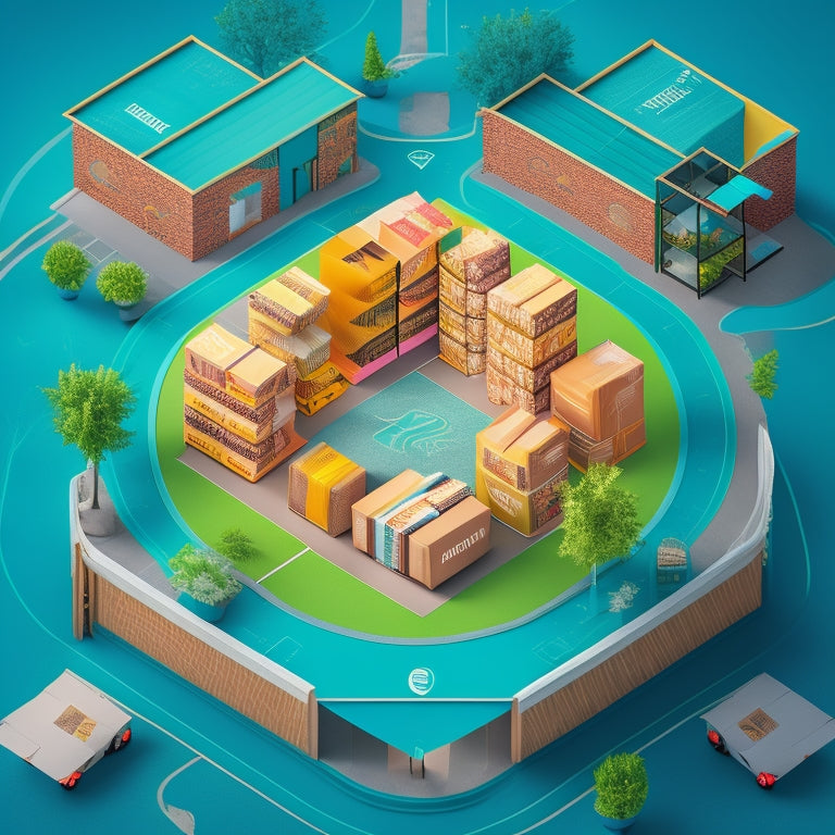A stylized illustration of a Shopify storefront merging with a Deliverr warehouse, surrounded by swirling arrows indicating efficient logistics, with boxes and packages moving swiftly in the background.