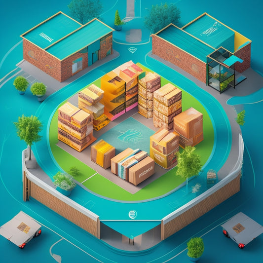 A stylized illustration of a Shopify storefront merging with a Deliverr warehouse, surrounded by swirling arrows indicating efficient logistics, with boxes and packages moving swiftly in the background.