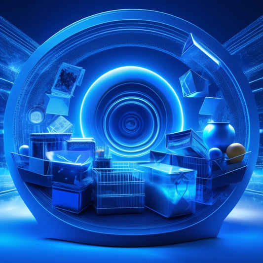 A futuristic, glowing blue downloading symbol overlaid on a stylized, swirling vortex of 1s and 0s, surrounded by miniature product boxes and shopping bags in mid-air, with a subtle grid pattern in the background.