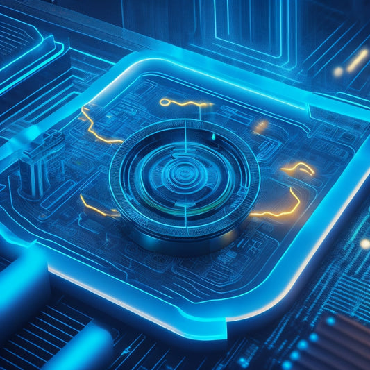 A futuristic, minimalist illustration featuring a stylized digital download icon (arrow pointing downwards) surrounded by swirling, abstract representations of code and circuitry, set against a vibrant, neon-blue background.