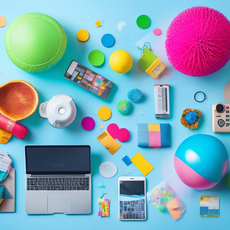 A colorful, clutter-free desk with a laptop, a tablet, and a smartphone, surrounded by scattered e-commerce icons, such as shopping carts, credit cards, and product boxes, amidst confetti and balloons.