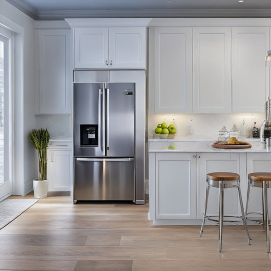 A modern kitchen with creamy white cabinets, polished chrome fixtures, and sleek hardwood floors, featuring Sharp's latest refrigerator with a massive touchscreen display and automatic ice dispenser.