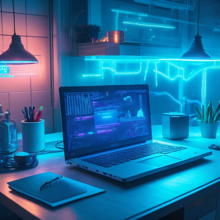 A futuristic, neon-lit desk with a sleek laptop, surrounded by swirling clouds of code, gears, and lightbulbs, with a giant, glowing puzzle piece fitting into place in the background.
