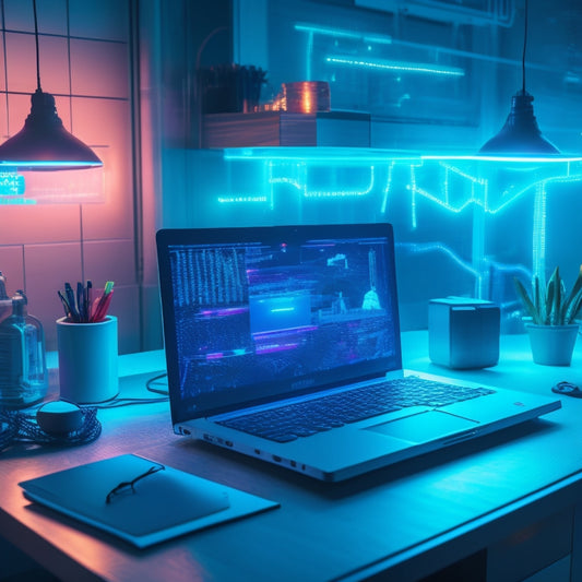 A futuristic, neon-lit desk with a sleek laptop, surrounded by swirling clouds of code, gears, and lightbulbs, with a giant, glowing puzzle piece fitting into place in the background.