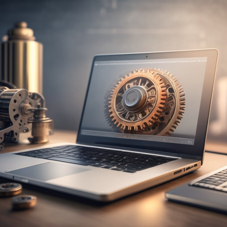 A futuristic, minimalist illustration of a laptop screen displaying an e-commerce website, surrounded by gears, clockwork mechanisms, and subtle sparks, conveying efficiency and strategic planning.