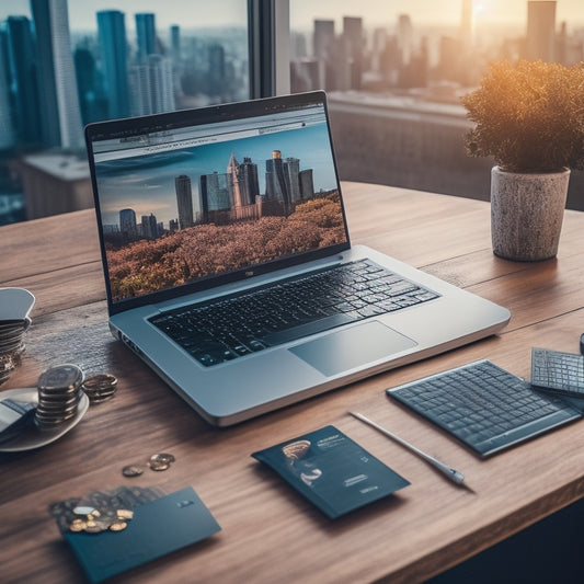 An image depicting a modern, sleek laptop on a minimalist desk with a subtle cityscape background, surrounded by ascending graphs and arrows, with a credit card and a few coins nearby.