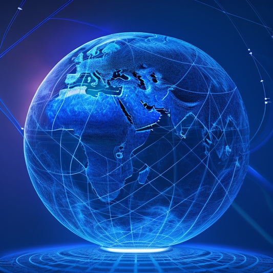 A globe with glowing blue lines and nodes, surrounded by swirling arrows and faint grid patterns, set against a dark gradient background, conveying digital connectivity and economic flux.