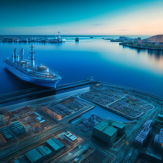 An abstract illustration featuring interconnected gears of varying sizes, with subtle outlines of factories, ships, and warehouses in the background, surrounded by a subtle gradient of blue and green hues.