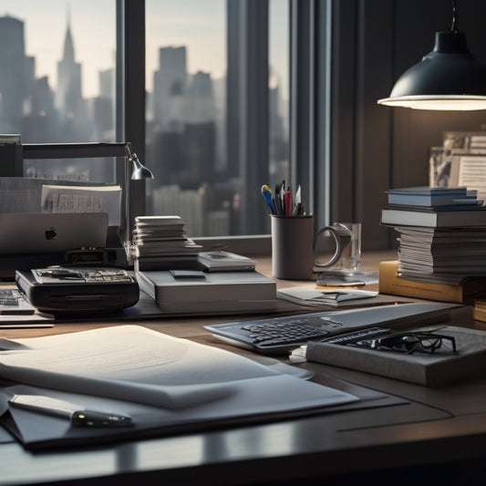 A tidy desk with a few neatly organized stacks of paperwork, a pen, and a calculator, surrounded by a subtle background of blurred business equipment and a faint impression of a cityscape.