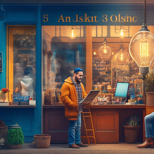 A stylized illustration of a merchant standing in front of a cluttered storefront, surrounded by puzzled customers, with a laptop open to an online learning platform, and a lightbulb moment above their head.