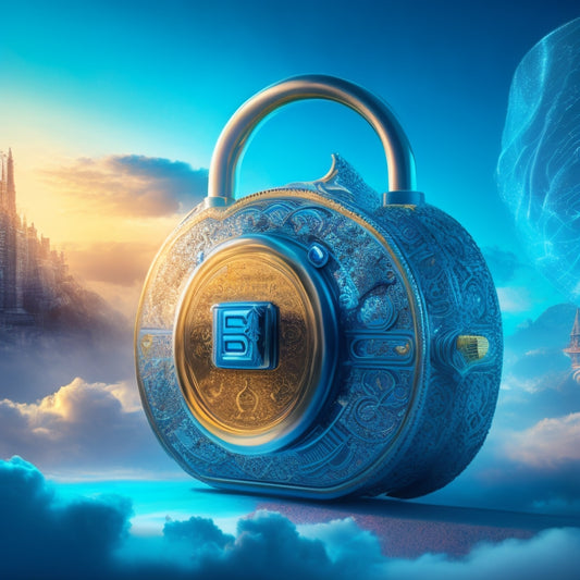A futuristic, high-tech illustration depicting a large, ornate key unlocking a digital lock, surrounded by swirling clouds of data and circuit boards, with a subtle shopping cart icon in the background.