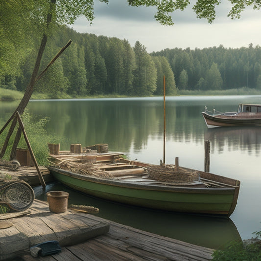 A serene lake scene with a revived wooden sailboat in the foreground, surrounded by scattered tools and repair manuals, with a faint boat lift and lush greenery in the background.
