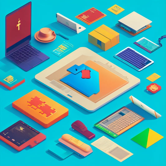 A minimalist illustration featuring a stylized online course platform with puzzle pieces fitting seamlessly together, surrounded by simplified icons of laptops, tablets, and smartphones.