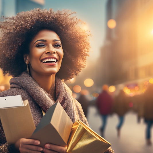 An illustration of a smiling customer holding a tablet, surrounded by shopping bags and confetti, with a subtle background of a cityscape at sunrise, symbolizing growth and success.
