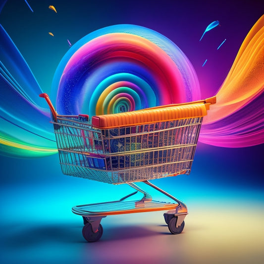 A stylized illustration of a shopping cart bursting out of a computer screen, surrounded by swirling lines and colorful orbs, symbolizing online commerce growth and visibility.
