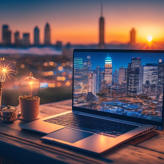 A stylized illustration of a laptop with a glowing online storefront on the screen, surrounded by puzzle pieces, gears, and lightbulbs, set against a blurred cityscape at sunset.