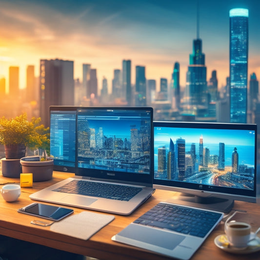 A stylized illustration of a merchant's workstation, featuring a laptop, smartphone, and various icons representing analytics, marketing, and inventory management tools, set against a blurred cityscape background.