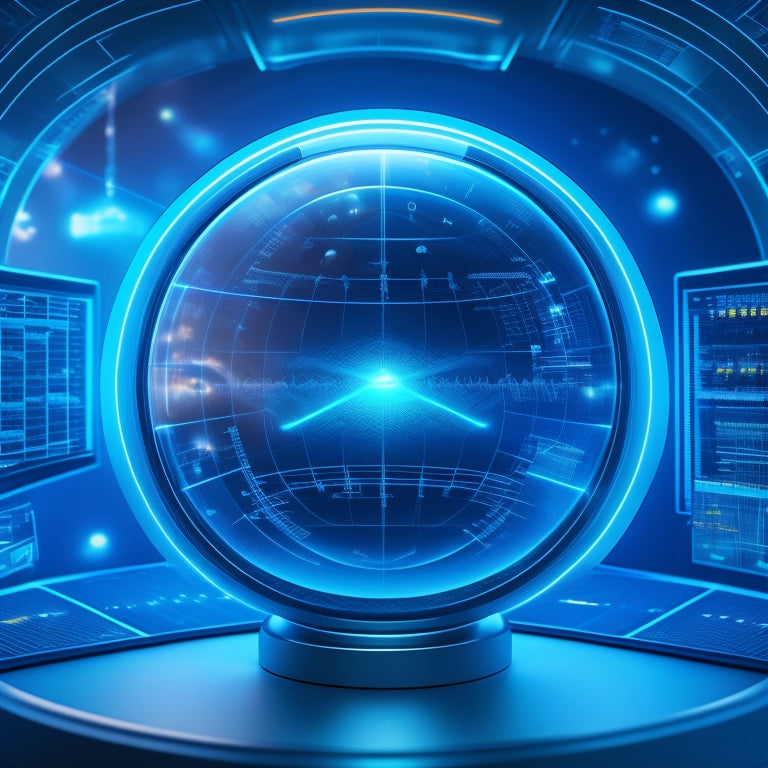 A futuristic dashboard with glowing blue grids, surrounded by orbiting spheres, and a central axis featuring a stylized arrow, pointing upward, symbolizing growth and innovation.