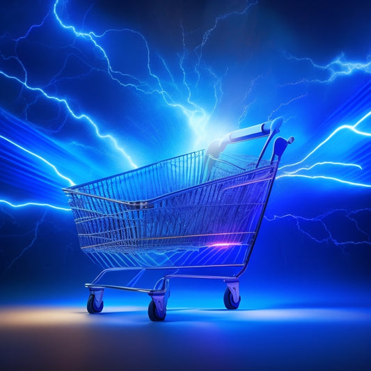 A stylized illustration of a lightning bolt striking a shopping cart, surrounded by speed lines and bursts of light, set against a dark blue background with subtle circuit board patterns.