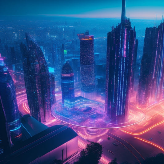 A futuristic cityscape with sleek skyscrapers, neon lights, and holographic projections, featuring a stylized, glowing inventory management hub at the center, surrounded by swirling data streams and robotic assistants.