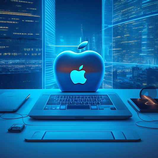 A futuristic, minimalist illustration of a large, sleek Apple logo at the center, surrounded by orbiting laptops, tablets, and smartphones, with subtle, glowing blue lines and circuits in the background.