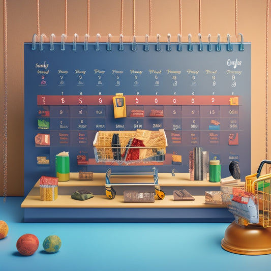 A stylized illustration of a retail calendar, with months and dates replaced by icons of popular shopping events, surrounded by e-commerce elements like shopping carts, smartphones, and packages.