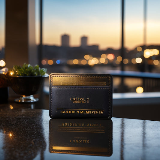 A golden Costco membership card resting on a sleek, black wallet, surrounded by scattered cash and credit cards, with a subtle cityscape or shopping mall background, conveying exclusivity and savings.