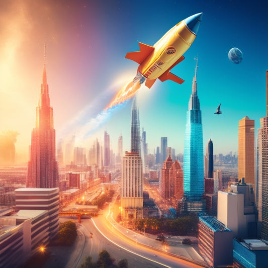A stylized illustration of a rocket ship blasting off, fueled by a stream of 1s and 0s flowing from a downloading arrow, soaring above a cityscape of online storefronts and shopping carts.