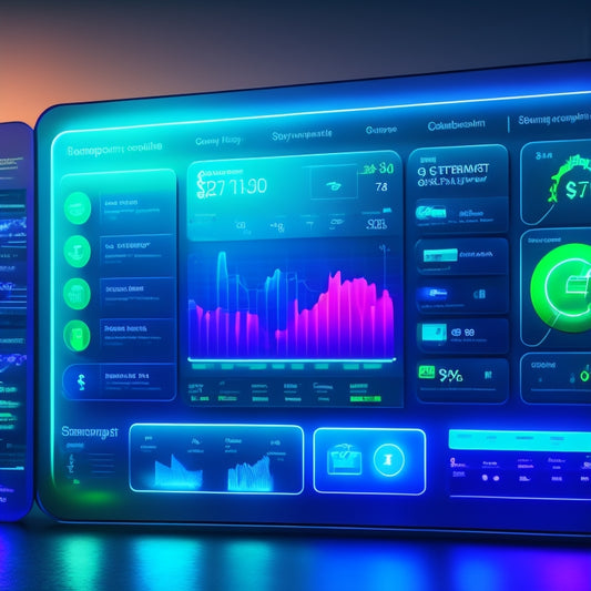 A futuristic, sleek, and modern e-commerce dashboard with vibrant blue and green accents, featuring a stylized shopping cart, graphs, and icons, set against a dark background with subtle neon lights.