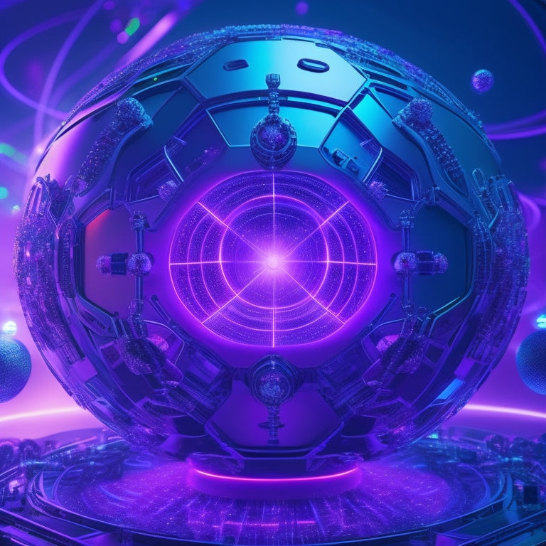 A futuristic, glow-in-the-dark hub with swirling purple and blue lights, surrounded by orbiting spheres and sleek, metallic nodes, evoking innovation and cutting-edge technology.