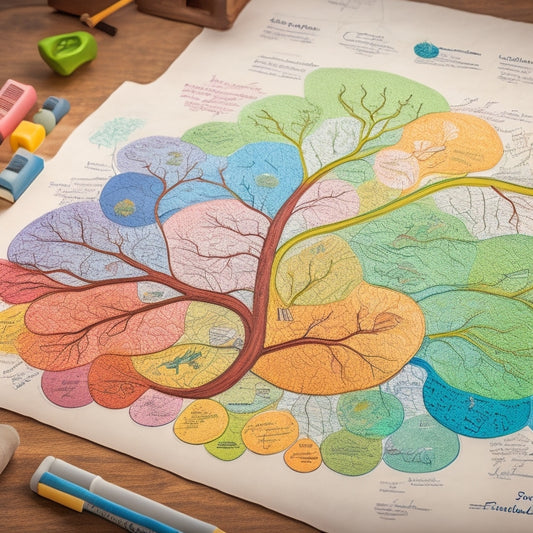 A colorful, hand-drawn mind map with curved lines and branches, featuring a central product design icon surrounded by related concepts, symbols, and abstract shapes in a harmonious, organic layout.