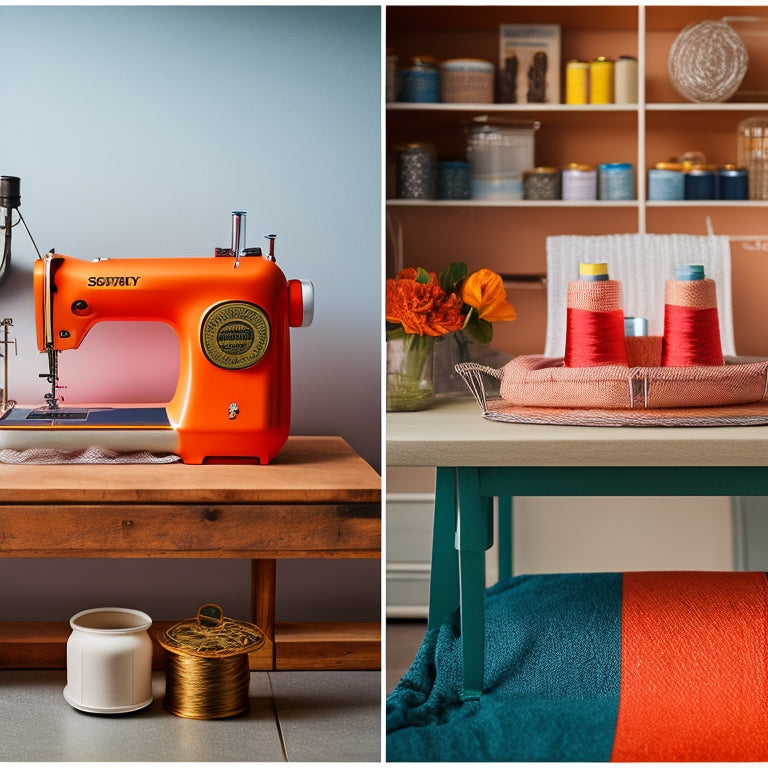 A split-screen image featuring a sewing machine and a spool of thread on the left, symbolizing Etsy, and a shopping cart overflowing with various products on the right, representing Shopify.