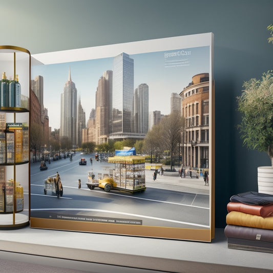 An illustration of a digital storefront with a subtle cityscape in the background, showcasing a well-organized product catalog, a prominent search bar, and a few strategically placed shopping carts.