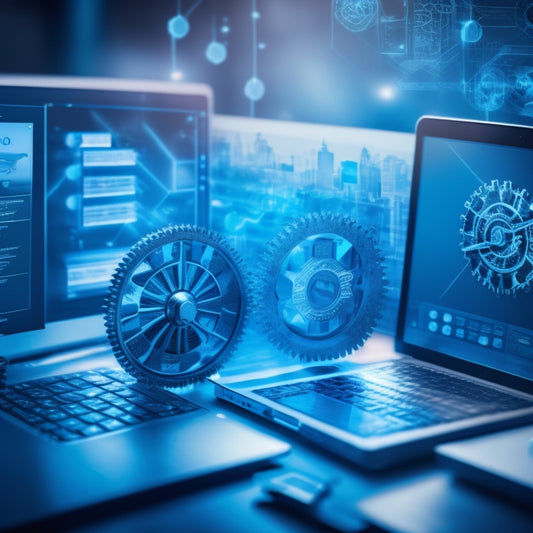 A stylized illustration of interconnected gears in shades of blue, with a subtle gradient effect, surrounded by faint outlines of laptops and speech bubbles, conveying collaboration and technology.